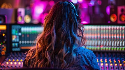 Back view of the sound engineer woman looking at the monitors