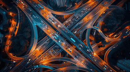 Aerial view of an intricate highway intersection at night