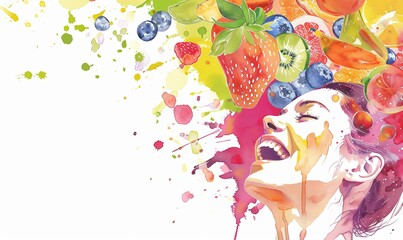 Wall Mural - Live brightly: health through laughter and food. Digital illustration, white background, watercolor style