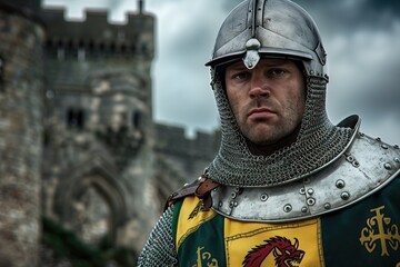 Medieval knight in chainmail armor and helmet standing in front of ancient stone castle. Historical reenactment, medieval warfare, chivalry, historical education, battle reenactment.