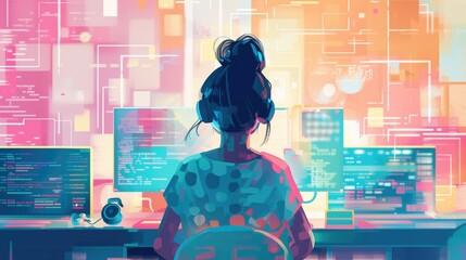 Woman with headphones working on multiple computer screens with a futuristic digital interface. Technology development, coding, software engineering, cyber security, data analysis.