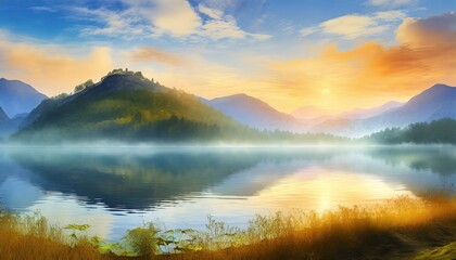 Wall Mural - view of lake at the morning with mountain background