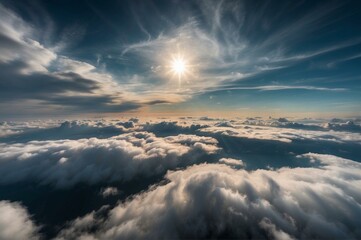 Poster - A view of the sun shining through clouds from above. AI.