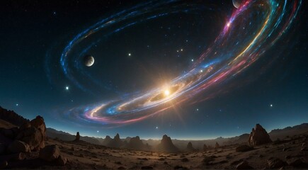 Wall Mural - a spiral galaxy in the night sky with stars and planets. ai.