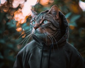 Wall Mural - A cat wearing a hoodie looking up at the sky. AI.