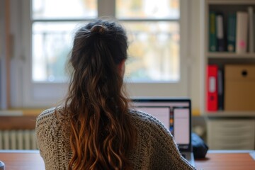 Wall Mural - Female Worker Analyzing Data on Office Laptop