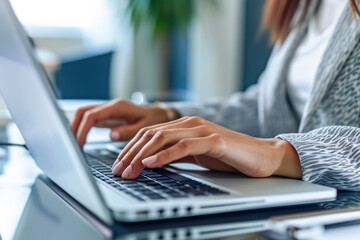 Wall Mural - Woman Using Laptop in Busy Office Setting