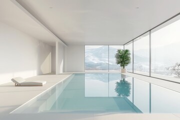 Poster - Modern minimalist white home interior with indoor swimming pool overlooking snowy mountains