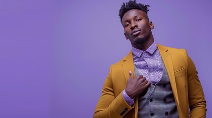 a dapper African-American man posing outdoors in fashionable clothes, displaying a confident pose on a purple background, providing room for text or graphic overlay