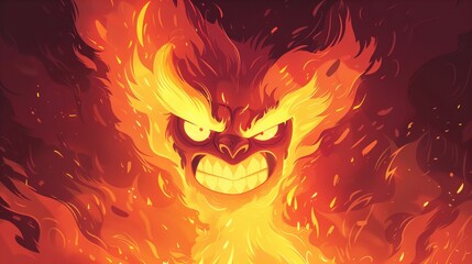 Poster - A powerful, menacing animated face engulfed in flames with a fierce, angry expression, glowing eyes, and intense energy.