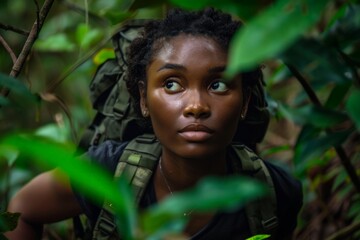 Young female explorer hiking through dense jungle with backpack