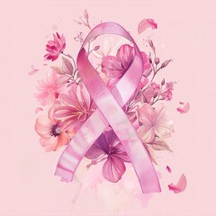 Wall Mural - illustration of leaves and flowers with pink breast cancer ribbon background