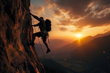 Wall Mural - A silhouette of man climbing on rocky mountain on sunset