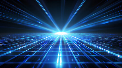 Light blue laser rays shining down on a grid floor, blue glow lines in the background, glowing lights against a dark blue background