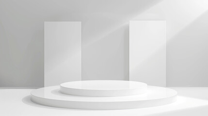 Wall Mural - 3d render of white podium with three vertical blocks on the round platform,