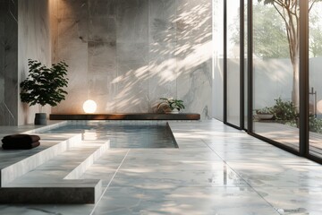 Poster - Modern minimalist bathroom with indoor pool featuring sunlight shining through window