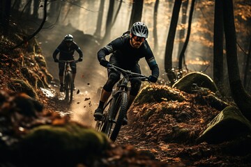 Wall Mural - two cyclists in the muddy forest