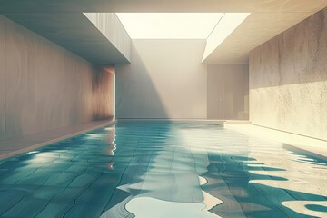 Poster - Modern minimalist indoor swimming pool reflecting sunlight