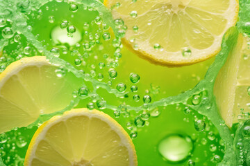 Wall Mural - Refreshing lemon slices in vibrant green soda water.