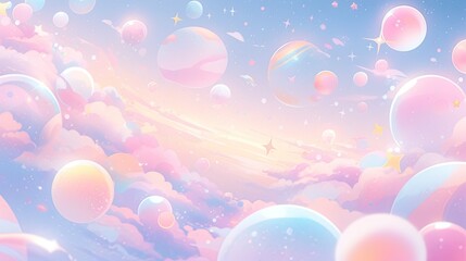 Wall Mural - Pastel space scene with colorful planets, soft glowing stars, and a whimsical pastel galaxy background.