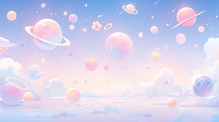 Wall Mural - Pastel space scene with colorful planets, soft glowing stars, and a whimsical pastel galaxy background.
