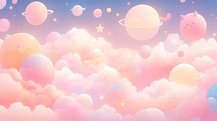Wall Mural - Pastel space scene with colorful planets, soft glowing stars, and a whimsical pastel galaxy background.