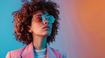 Canvas Print - A woman with curly hair is wearing sunglasses and a pink jacket