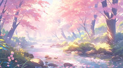 Wall Mural - Serene pastel forest scene with soft colored trees, gentle light filtering through the leaves, and a calm river running through.