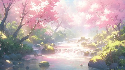 Wall Mural - Serene pastel forest scene with soft colored trees, gentle light filtering through the leaves, and a calm river running through.