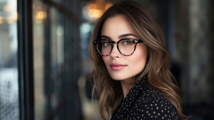 a woman wearing glasses and a black dress