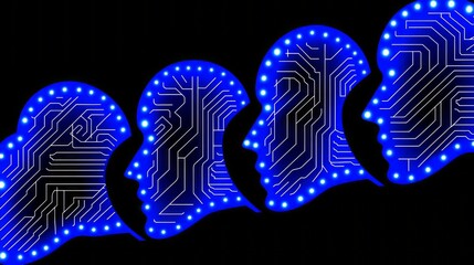 Wall Mural - blue circuit board humanoid silhouettes in profile on black background