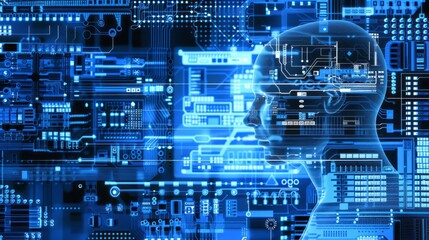 Wall Mural - digital human head overlaid on blue circuit board pattern