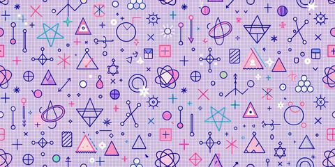 Wall Mural - Different colored geometric shapes and scientific symbols are arranged as a seamless pattern on a purple grid background.Elements include triangles, circles, atoms, and various plus and minus signs.AI