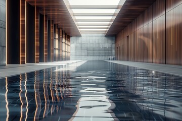 Poster - Modern indoor swimming pool reflecting wooden ceiling in empty building