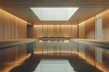 Poster - Modern minimalist indoor swimming pool reflecting warm light