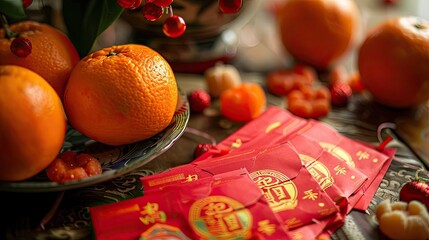 Red envelopes filled with money, decorated with gold characters, and placed on a festive table.