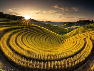 Wall Mural - a terraced field in northern vietnam in harvest season is stacked one on top of another, forming a b