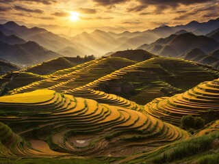 Wall Mural - a terraced field in northern vietnam in harvest season is stacked one on top of another, forming a b