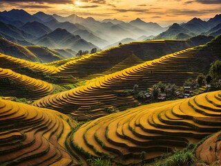 Wall Mural - a terraced field in northern vietnam in harvest season is stacked one on top of another, forming a b