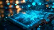 © GenerativeAIpicture - Modern e-book reader with a digital learning interface, set in a high-tech, futuristic setting Generative AI