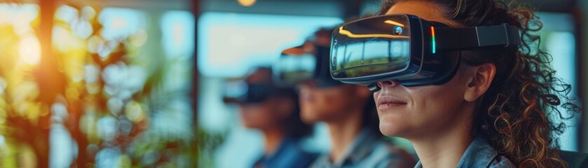 Group of people using virtual reality headsets in a modern space, enjoying immersive technology and futuristic experiences.