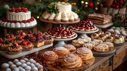 Dessert table with an assortment of cakes, cookies, and pastries.