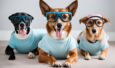 Yoga Instructor Dog: Dogs in yoga poses wearing headbands and glasses, serene studio, wellness magazine, calming and flexible.