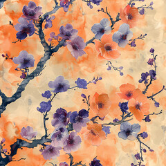 Wall Mural - watercolor background with painting seamless background with branch of flowers