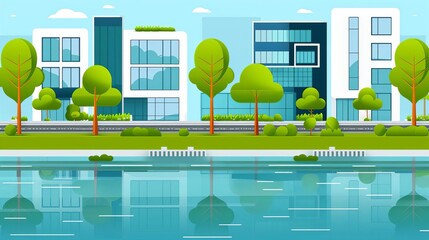 Urban riverbank, smooth water, flat design illustration