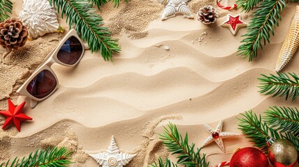 Wall Mural - sunglasses and christmas decorations laid on sandy beach with pine branches, blending festive holida