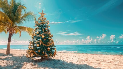 Wall Mural - a decorated christmas tree stands on a sunny tropical beach with a palm tree and blue ocean in the b