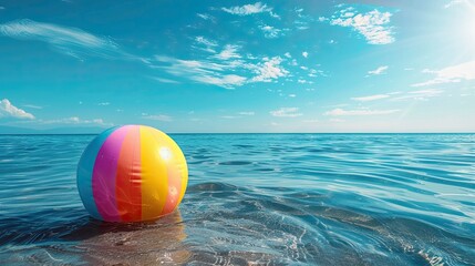 Wall Mural - a colorful beach ball floats on the calm ocean water under a bright blue sky with a few clouds