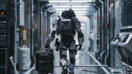 Wall Mural - A robot is walking down a hallway with a suitcase