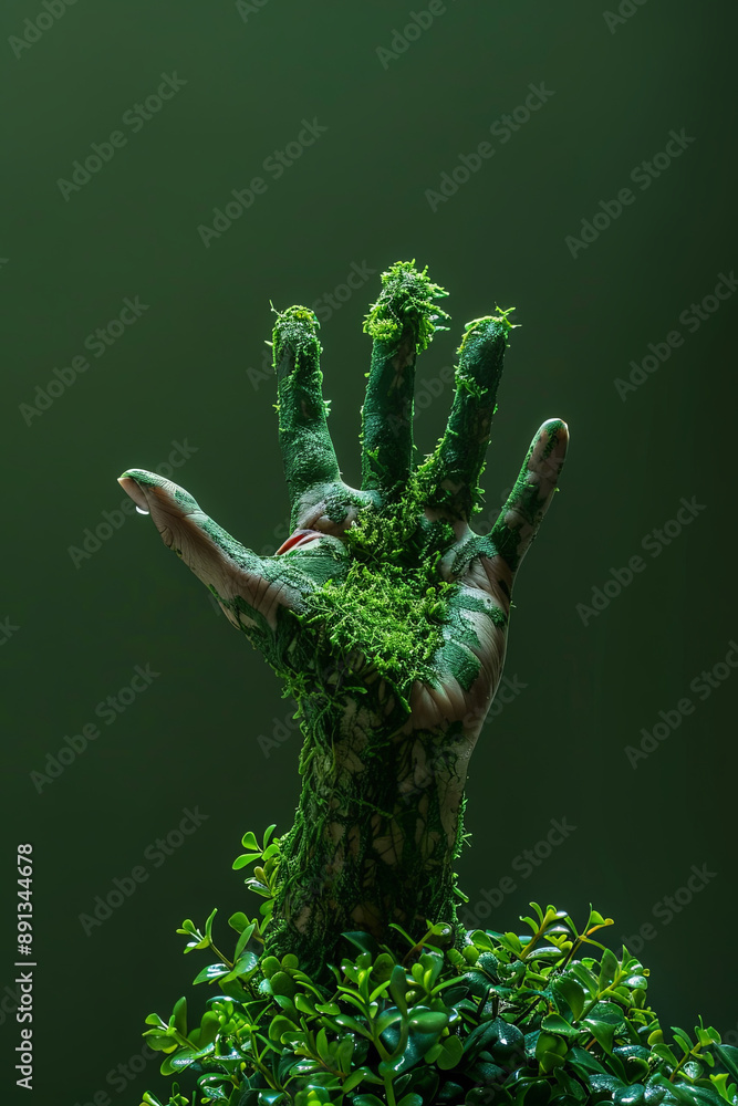 Nature waiting for rescue concept with a green hand reaching for help ...